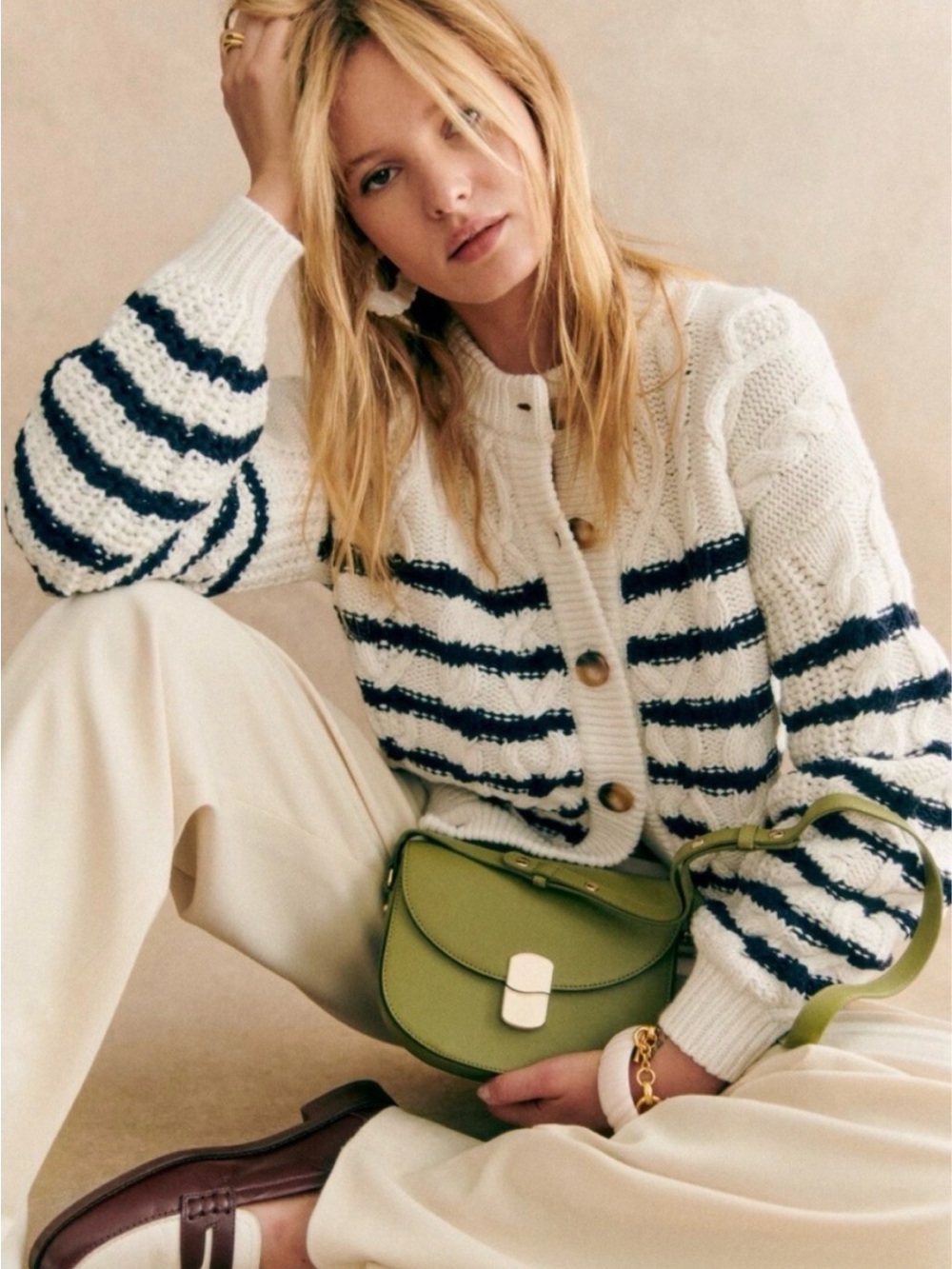 Sézane Sean Cardigan Striped Cable Knit Sweater in White & Navy